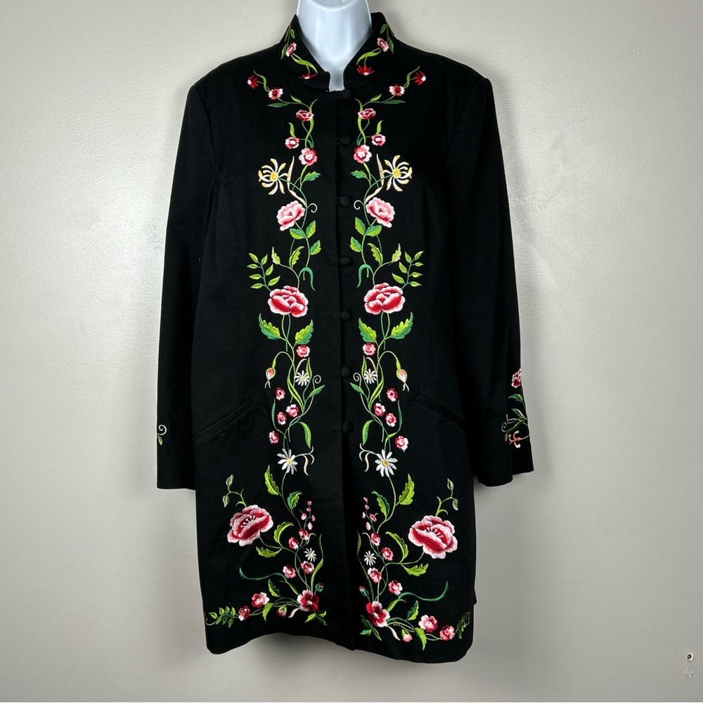 Vtg‎ Victor Costa Floral Embroidered Coat Jacket Large Whimsigoth Trench Duster